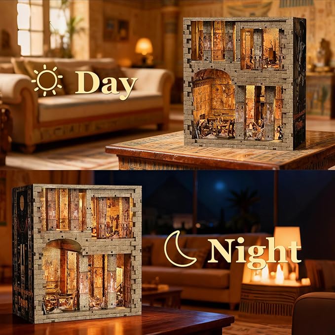 fifijoy Book Nook Kit - DIY Miniature House Dollhouse Kit for Adults and Teens, 3D Wooden Puzzle Booknook Build Bookshelf Decor with LED Light, Gifts for Family and Friends (Egyptian Pharaoh's Tomb)