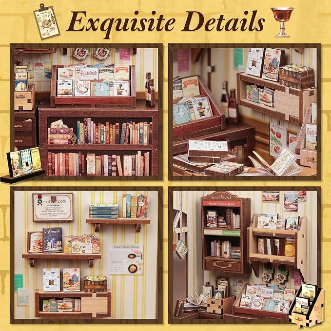 Fsolis Book Nook Kit - DIY Miniature House Kit | Bookshelf 3D Wooden Puzzles for Adult Booknook Gifts for Women Teenagers (Cooking Bookstore)