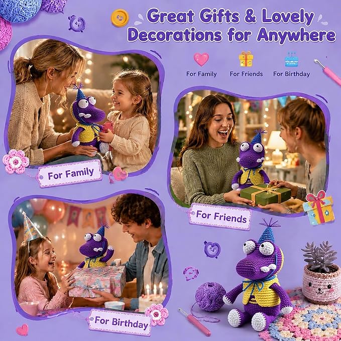 Crochet Kit for Beginners - Easy DIY Crochet & Knitting Starter Set with Soft Cotton Yarn & Step-by-Step Instructions Manual, Learn to Crochet Kits for Adults Beginners Birthday Gifts(Purple+Blue)