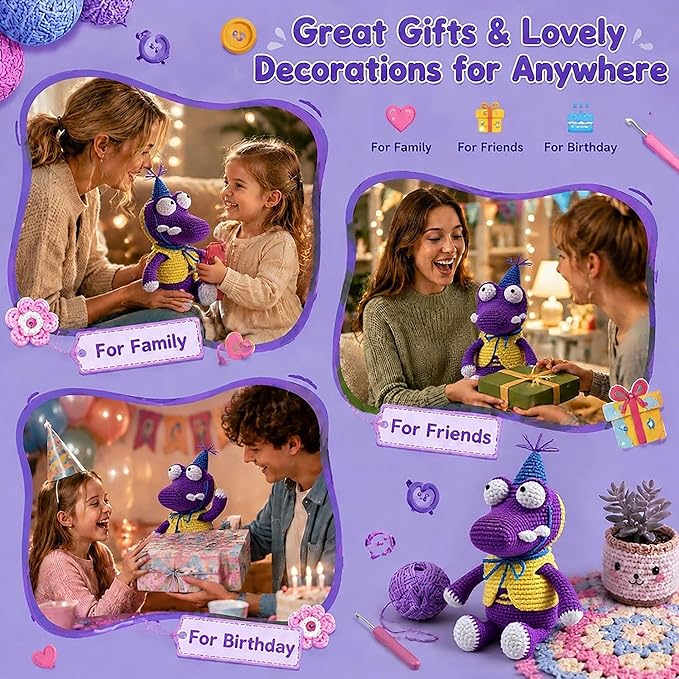 Knitting & Crochet Kit for Beginners - Easy Learn to Crochet Animal Kit, Knitting Crocodile Amigurumi Starter Kit with Step-by-Step Instructions Manual Holiday Birthday Crochet Gifts(Purple, 2 Pack)