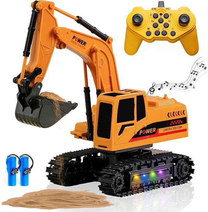 Remote Control Excavator Toy 12-Channel Mini RC Excavator with 2 Batteries & Metal Bucket Lights Sounds RC Digger Construction Vehicles Toys for Boys 3+ Years Old