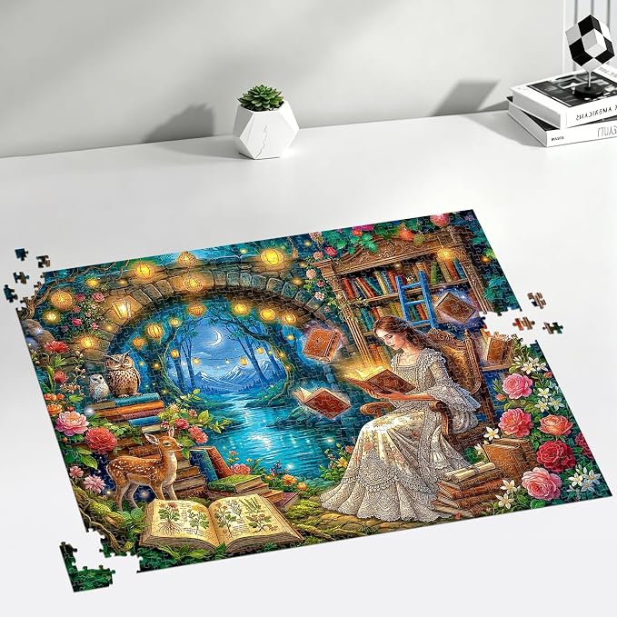 1000 Piece Puzzle for Adults, Magic Fairy Reading Jigsaw Puzzles for Adults 1000 Pieces, Fun Challenging Family Puzzle with Letters on Back, Moonlit Reading Fairy Flower Puzzles for Adults