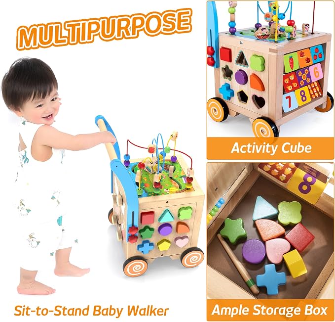 9-in-1 Wooden Activity Cube Baby Walker for 1 Year Old | Sit-to-Stand Learning Walker & Montessori Activity Center for Toddlers | Height & Speed Adjustable Push Walker Toy for Boys & Girls