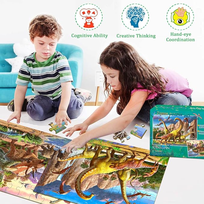RANSUNN Dinosaur Puzzles for Kids Ages 6-8 4-6 Year Old - World of Huge Dinosaurs,2 Packs 60 Pieces Jigsaw Puzzle for Toddler Children Learning Educational Puzzles Toys for Boys and Girls.