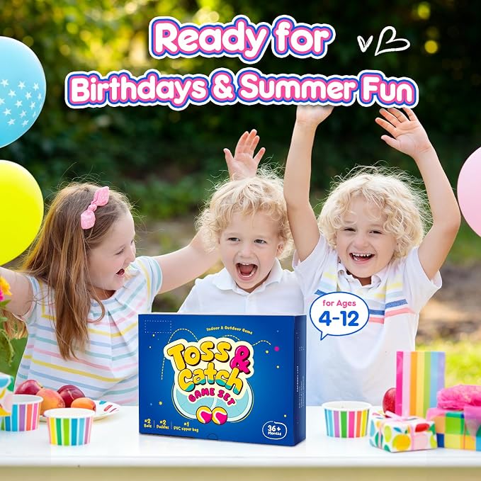 EVERICH Upgraded Toss and Catch Ball Game Set - Indoor and Outdoor Games for Kids 3-12, Beach Sand Pool Water Toy Includes 2 Paddles 2 Sticky Balls, Great Birthday Easter Gifts for Boys Girls