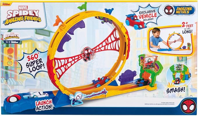 Marvel Spidey and His Amazing Friends Amazing Metals Super Loop Track Set - 28-Inch Race Track with Launcher, 360 Degree Super Loop, and Exclusive Amazing Metals Vehicle