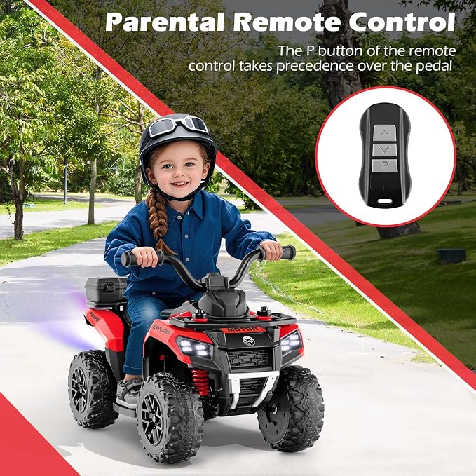 OLAKIDS Kids ATV with Spray Function, Remote Control, Storage Trunk, 6V Toddler Ride on Toy, Red