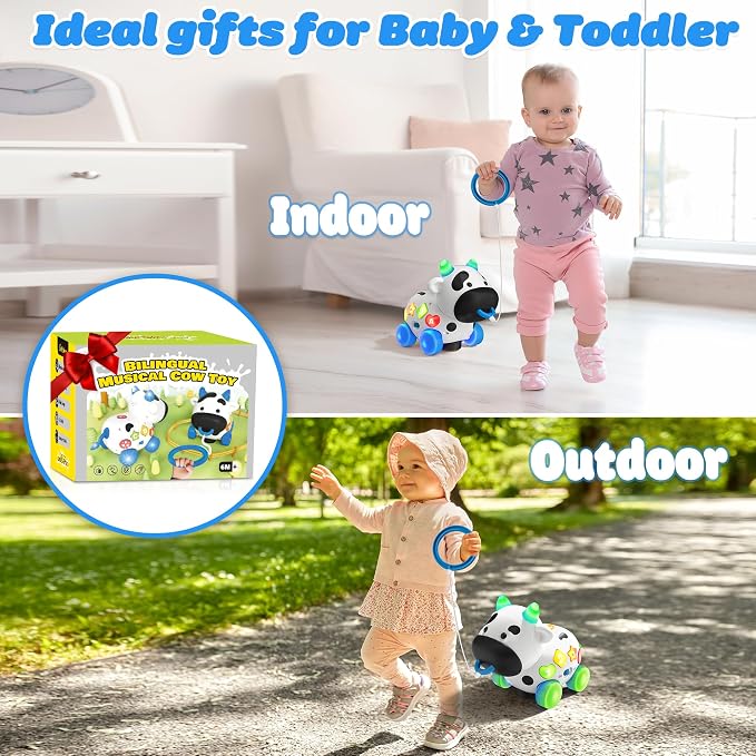 Baby Toys 6-12 Months, Bilingual Musical Cow Crawling & Pull Along Toy, English Spanish Learning Toy with Lights, Animal Sounds, ABC & 123 for Toddlers 12-18 Months, First Birthday Gift for Boys Girls