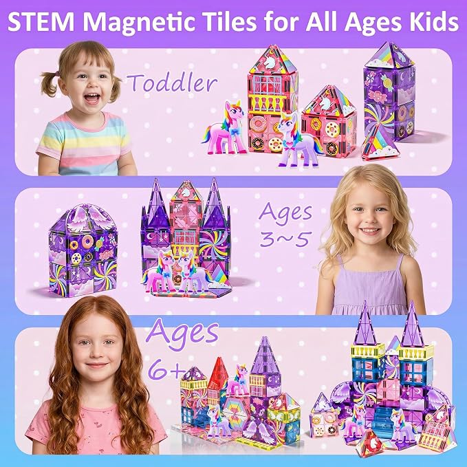 COSILY Unicorn Magnetic Tiles for Kids, Rich Colors Magnetic Building Blocks, STEM Educational Construction Sensory Toys, Unicorn Magnetic Tiles Birthday Gifts for Girls Ages 3 4 5 6 7 8+