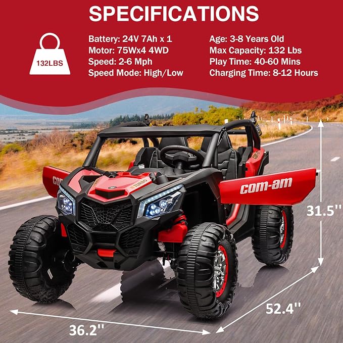 24V 2-Seater UTV Ride on Toy with Remote Control – Powerful 4WD Electric Vehicle Features 4 Shock Absorbers, Leather Seats, Music, and Lights. Designed As a 24V Ride-on Toy for Big Kids
