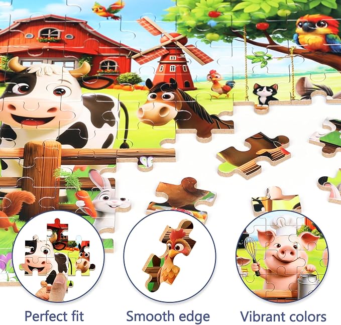 MZZOTOY Farm Animals Puzzle for Kids Ages 4-8, 100 Pieces Jigsaw Puzzles for Kids Ages 3-5， Learning Educational Puzzles Toys Great Gift for Boys Girls in a Metal Box