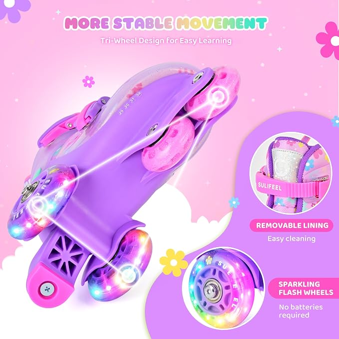 SULIFEEL Adjustable Roller Skates for Girls Boys Kids,Fun Illuminating Light Up Flash Wheels Three-Point Type Balance Suitable for Beginners Indoor Roller Skating