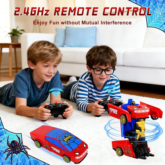 Spider Transform RC Car Toy for Boys 3-8, 2.4GHz Remote Control Cyber Hero Robot Car with LED Light, One-Button Deformation, 360° Drift Pickup Truck Toy Gift for Kids