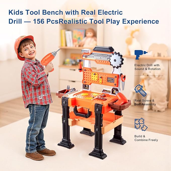 Kids Tool Workbench for Boys 3-5, Toddler Tool Set with Hammer, Electric Drill Toy, Take Apart Toys, Creative Construction Play Set, Repair Tools Workbench, Birthday Gift for Toddlers, with Toolbox