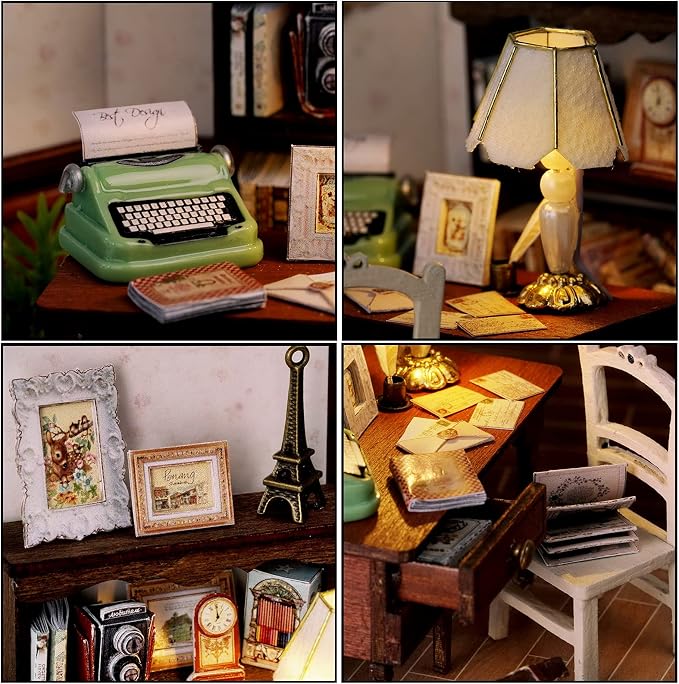 CUTEROOM DIY Doll Room Miniature Furniture Wooden House Kit - Wooden Dolls House Kit with Dust Cover & LED Light and Accessories - QT Series Dollhouse (QT031)