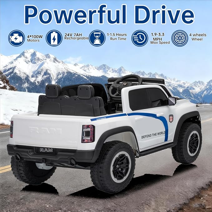 FINITO 4WD Kids 24V 4x4 Kids Ride On 2 Seater Police Truck, Remote Control Ride On Toy Car, Kids' Electric Ride On Truck, Kids' Side by Side Truck for Children Ages 3+, Powered Cars for Kids
