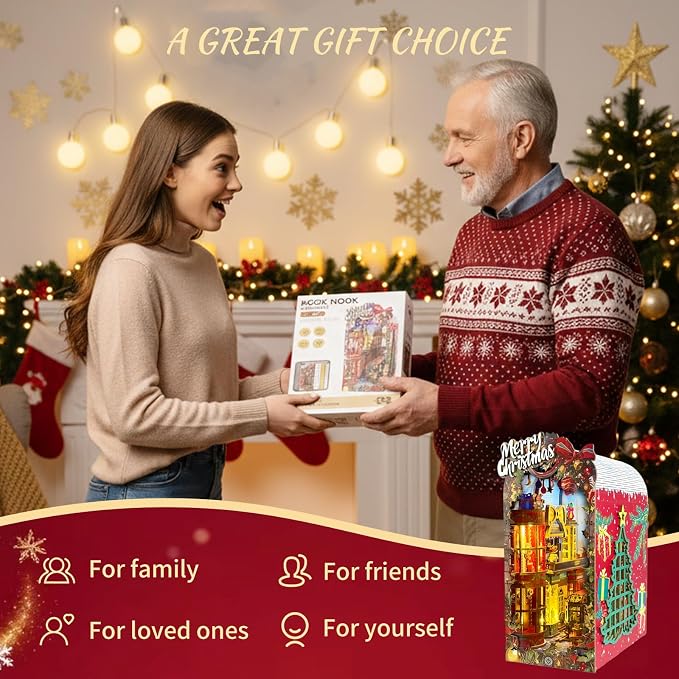 Christmas Book Nook Kit – DIY Miniature House Dollhouse Kit for Adults & Teens, 3D Wooden Puzzle Tiny House Bookshelf Decor, for Family and Friends
