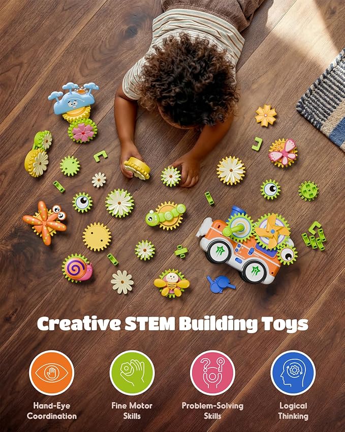 LIGHTDESIRE Toddler Toys Montessori Musical Train Set Gear Building Toys | Creative STEM Toys for 3 4 5 6 Years Old,Electric Rotating Gear Flower Learning Toys,Birthday Gifts for Toddler Girl Boy