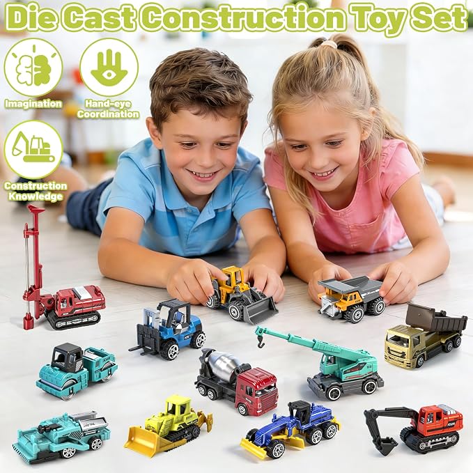 12 Pack Diecast Construction Toys, Mini Colorful Alloy Model Excavator Toy Construction Truck Toys for 3 4 5 6 7 8 Year Old Kids Toddlers, Toy Cars for Kids Birthday Cake Decorations Party Favors