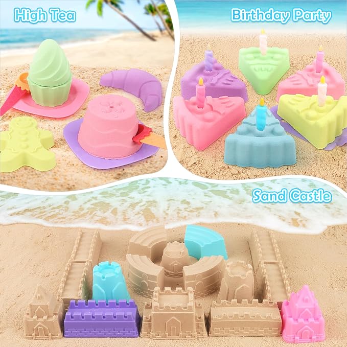 Dreamon Collapsible Beach Toys Set for Kids 3-10, Collapsible Sand Bucket with Beach Molds and Mesh Bag, 2 Pack Shovels Set Ice Cream Sand Toys for Beach, Sandbox Travel Toys for Kids Toddlers Girls