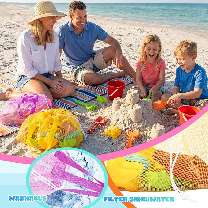 Paterr 4 Pcs Mesh Beach Tote Bag Seashell Bags Foldable Large Beach Toy Organizer with Drawstring, Pool Gym Swimming Camping Accessories Lightweight Foldable Birthday Gifts (4 Colors)