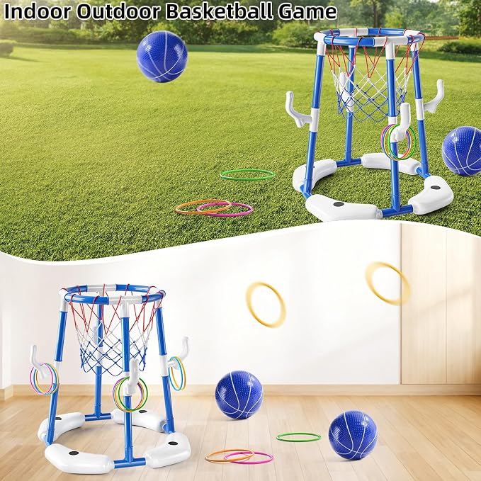 NIPLOOOW Pool Basketball Hoop, 2-in-1 Floating Pool Toys Ring Game with 4 Balls and Pump, Outdoor Swimming Pool Basketball Games Water Play Toy Family Party for Kids Adults Age 3-12 (Blue)