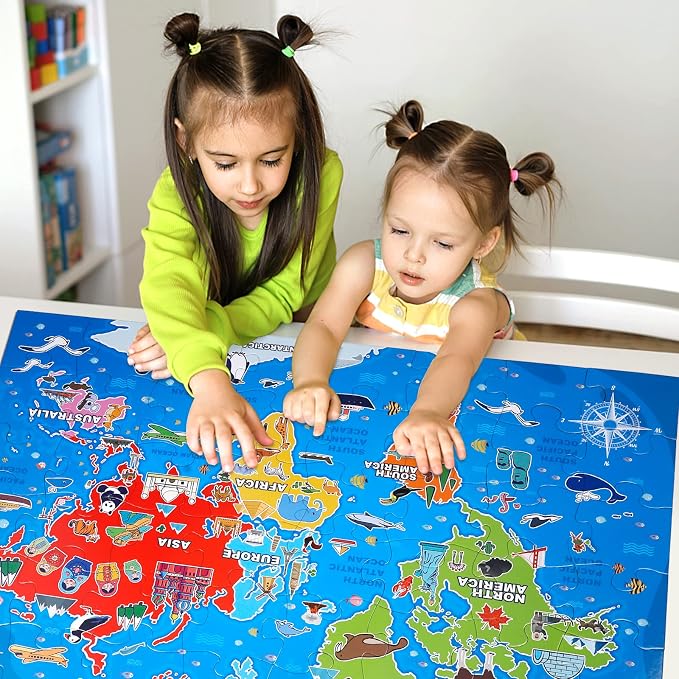 IFLOVE World Map Floor Puzzle for Kids — 48 Piece Jumbo Geography Jigsaw Puzzle, Globe Atlas Puzzle with Continents Animals Landmarks, Educational Toy Birthday for Boys Girls Ages 3-8
