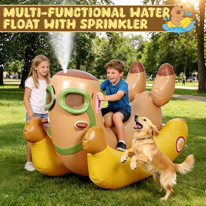 Capybara 72'' Pool Float for Kids with Sprinkler, Inflatable Pool Float, 3-in-1 Water Toy Pool Raft & Rocking Rider, Summer Outdoor Water Toys for Yard, Pool & Beach