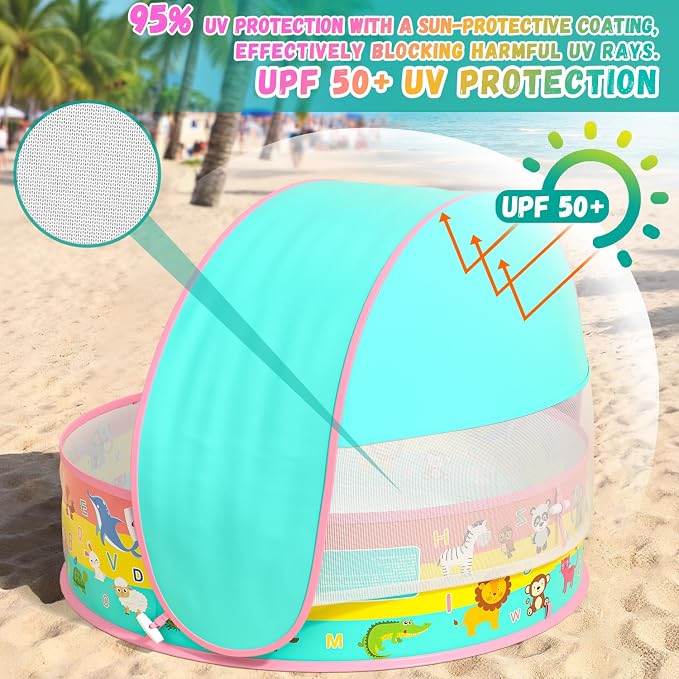 Baby Pool with Canopy, Foldable Kiddie Pool, Pop Up Toddler Pool with Shade-Collapsible Beach Pool for Baby, Portable Summer Water Play for Indoor Outdoor Backyard Beach