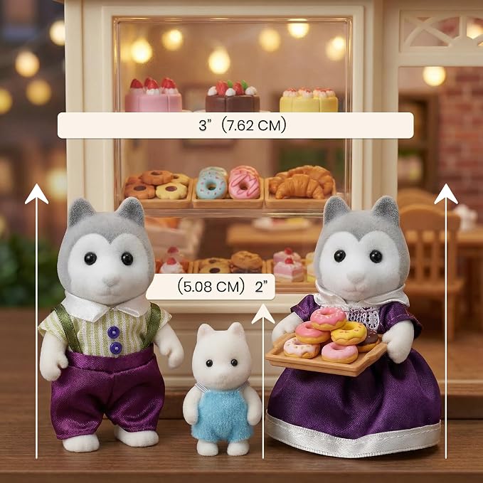 Family Gray Husky Figures — Set of 3 Collectible Flocked Mini Dolls with Removable Clothes, Dollhouse Pretend Play Set for Kids Ages 3+