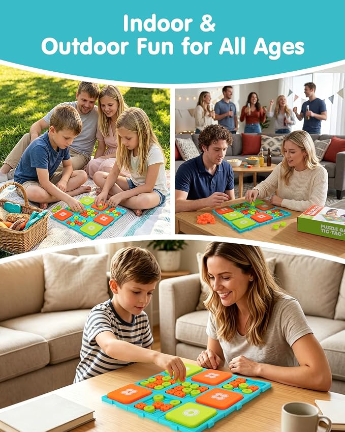 Tic Tac Toe Game for Kids & Adults Ages 6+, 9-in-1 Detachable Board, 2 Game Modes, 15-Min Games, Portable Travel Family Board Game with Storage Bag, XO Strategy Gift for Boys Girls BPA-Free
