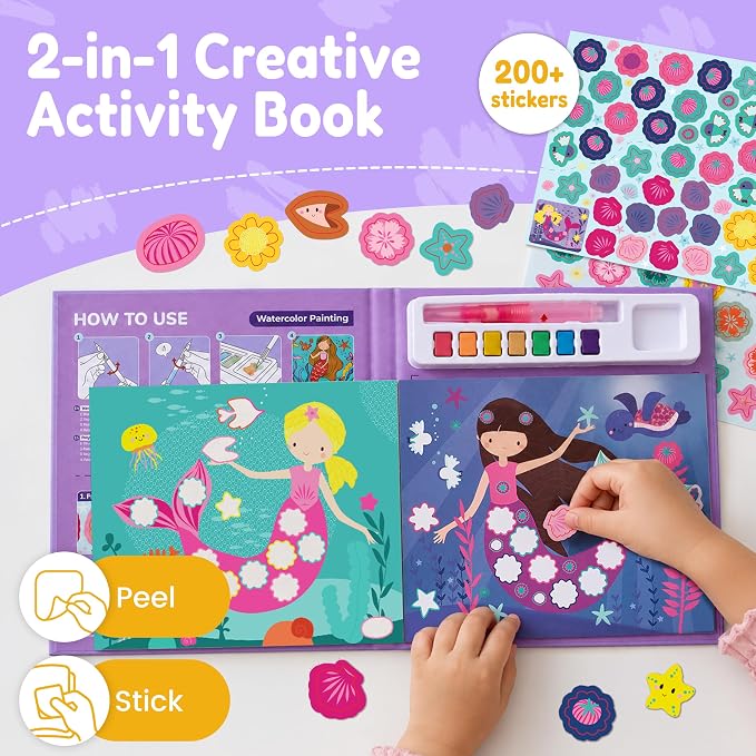 JoyCat Paint with Water Coloring Books & Creative Sticker(Ocean Princess) | Watercolor & Sticker Activity - 200 Pcs Stickers for Kids, Toddler Painting Set, Art & Craft Travel Toy Gifts for Boys Girls
