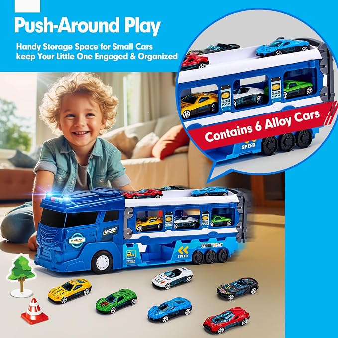 hahaland Toys for 3 Year Old Boy Gift - 2 in 1 Car Carrier Transforms into Race Tracks Toys with Dual Launcher Truck for Kids Ages 3-5 - Car Sets for Boys 3 Year Old Boy Gifts