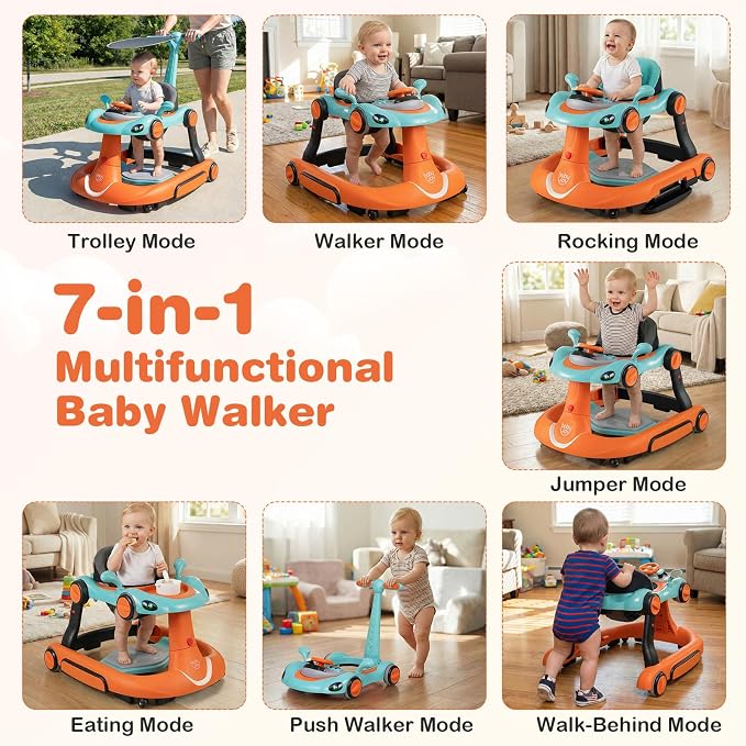 BABY JOY 7-in-1 Baby Walker, Foldable Baby Walker and Bouncer Combo with Handle, Adjustable Height & Speed, Music, Lights, Rocker/Push Mode, Baby Walker with Wheels for Boys Girls 7-18 Months (Orange)