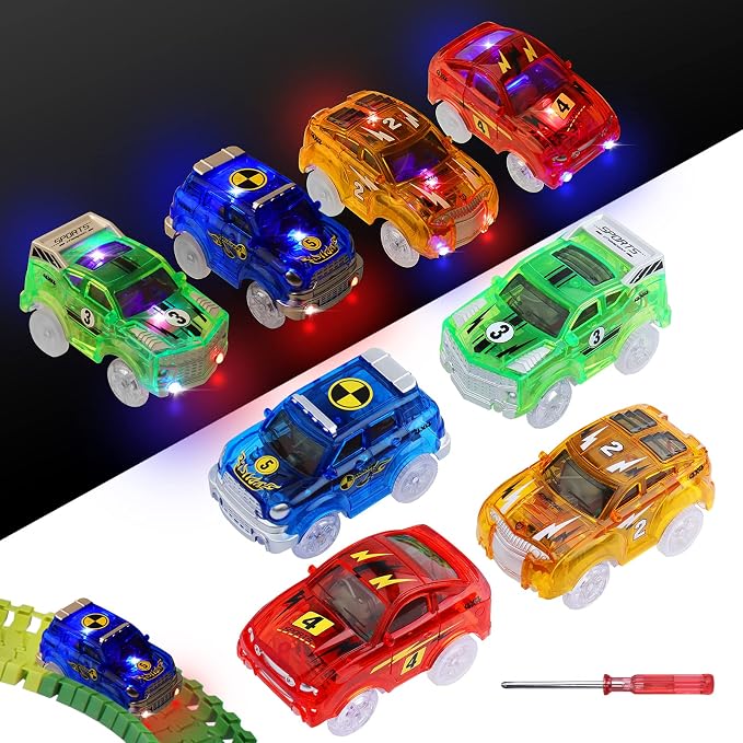Track Cars Magic Toy Gifts 4 Pack Replacement Track Cars for 3 4 5 6 7 8 Years Old Kids Boys Girls Toy Track Cars with 5 LED Lights Glow in The Dark Compatible with Most Tracks