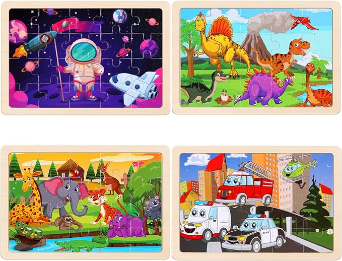 Wooden Puzzles Toys for Kids Ages 3-5, Set of 4 Packs Dinosaur, Space, Transportation Wood Toddler Puzzles, Preschool Brain Teaser Toys for Boys and Girls 3 4 5 6 Years Old