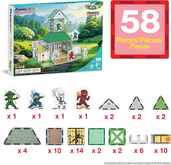PicassoTiles Magnetic Tile Ninja Dojo Theme Set Two Sided Printed Designs Interior Exterior 3D Magnet Tiles 4 Character Ninjas STEM Education Learning Kit Building Blocks Toys Kids Ages 3 4 6 7 PTQ107