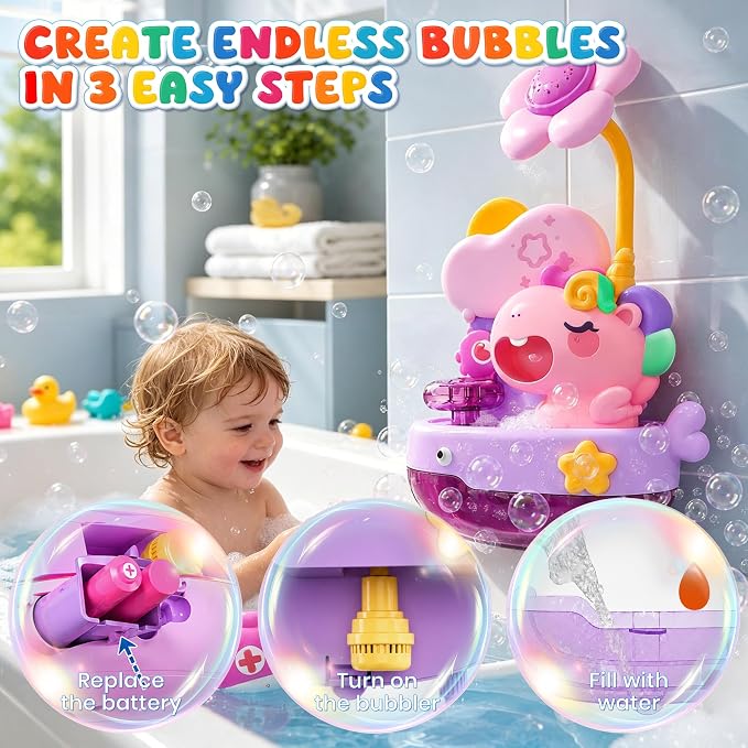 Unicorn Light Up Bath Bubble Machine with Colorful RGB Lights, Kids Tub Bath Toy in Tub Or Sink, for Toddler Boys & Girls Ages 1-8