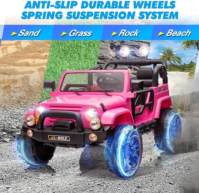 2 Seater Ride On Truck and Car Cover, 12V Children's Electric Car with Parental Remote Control, Music, Bluetooth, MP3 Player, LED Lights, Spring Suspension, Pink