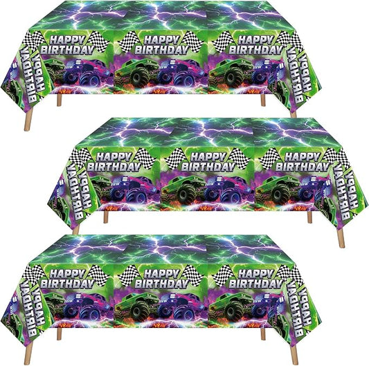 Mifoci 3 Pcs Monster Truck Birthday Party Tablecloths Monster Machine Table Covers Large Plastic Disposable 108 x 54 Inches for Truck Theme Kid's Boys Birthday Shower Party Supplies (Fresh)