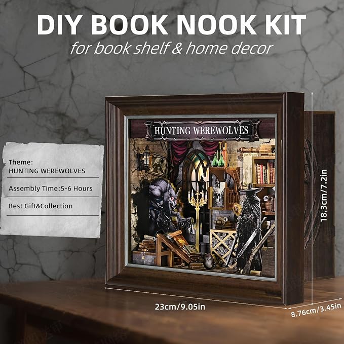 Book Nook Kit-3D Wooden Puzzle with LED Touch Control & Wall-Mountable Frame,DIY Miniature House for Beginners,Bookshelf/Tabletop/Wall Decor for Craft Lovers,Dollhouse Gift,Hunting Werewolves