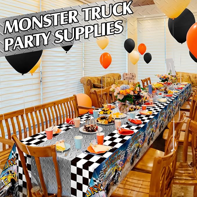 Mifoci 6 Pcs Monster Truck Birthday Party Tablecloths Monster Machine Table Covers Large Plastic Disposable 108 x 54 Inches for Truck Theme Kid's Boys Birthday Shower Party Supplies (Classic)