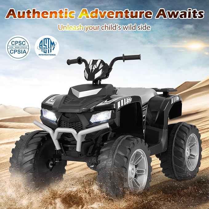 Costzon Kids ATV, 24V Four Wheeler Quad Ride on Car w/Forward/Backward, 2 Speeds, Wireless Connection, Music, Radio, LED Lights, Electric Vehicle Toddler 4 Wheeler for Kids, Boys & Girls 3-8 (Black)