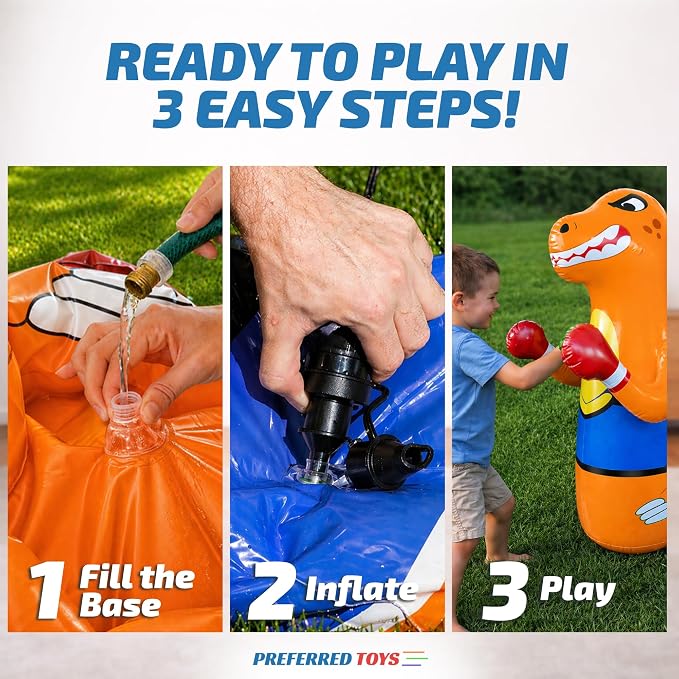 Preferred Toys 47" Inflatable Dinosaur Punching Bag for Kids - Durable Blow Up Kids Punching Bag with Bounce Back Base - Inflatable Indoor Outdoor Active Toddler Bop Play Toy