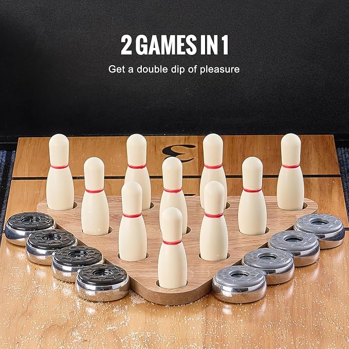 VEVOR Shuffleboard Table, 11.5 ft Shuffleboard for Family Game Rooms, 2 in 1 Shuffleboard and Bowling Combo Game Set, with Scratch-Resistant Playfield, Legs, 8 Pucks, Bowling Set, Wax, and Table Brush