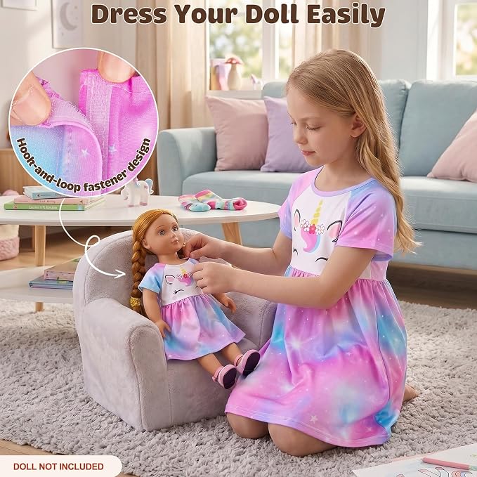 Play Tailor Doll and Girl Matching Nightgown Unicorn Outfit Pajamas Night Dress for Girls and 18" Dolls Clothes
