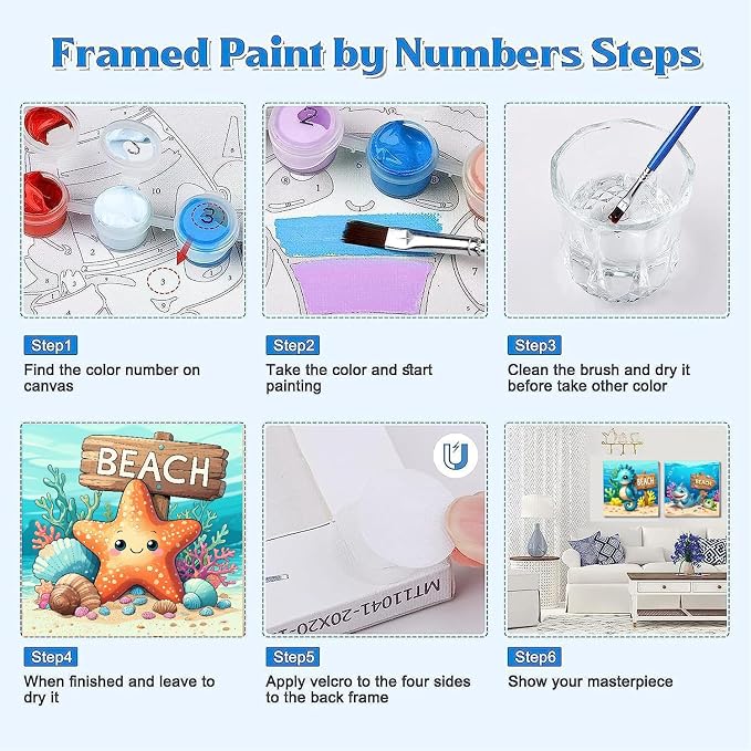 Mrnsiet 4 Pack Framed Paint by Numbers Kit for Kids, Cartoon Animals Paint by Numbers for Kids Ages 8-12, DIY Acrylic Oil Painting Drawing Kit for Children Beginner 8x8 Inch