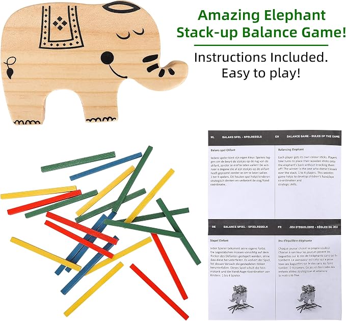 GOTHINK Elephant Stack Up – Elephant Themed Wooden Balancing Game for Motor Skill and Dexterity Building for Children Ages 3 and Up, 2+ Players, Best Travel Game