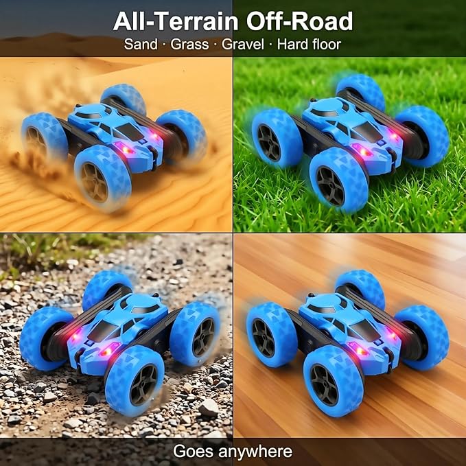 2.4GHz Remote Control Stunt Car for Boys 6-12, 360° Rotating Twin Motors Double Sided Off Road Vehicle, 4WD Rock Climbing Truck with LED Lights, 2 Rechargeable Batteries, Blue