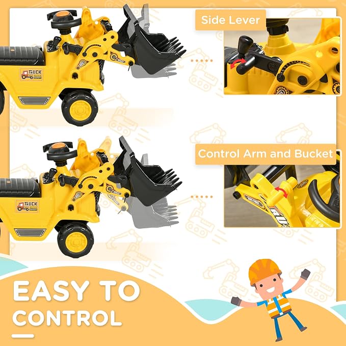 HOMCOM Ride On Excavator, Kids Bulldozer Pull Cart with Horn, Under Seat Storage, Sit and Scoot Pretend Play Toy Construction Car for Ages 18-48 Months